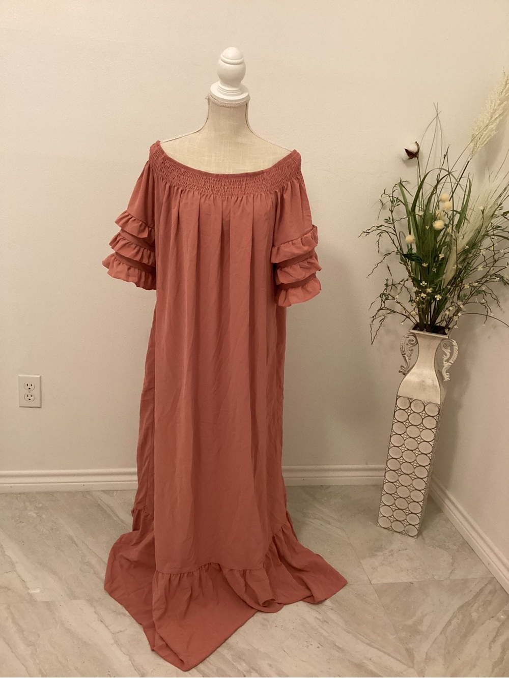 SHEIN Dusty Rose Off-Shoulder Ruffle Maxi Dress